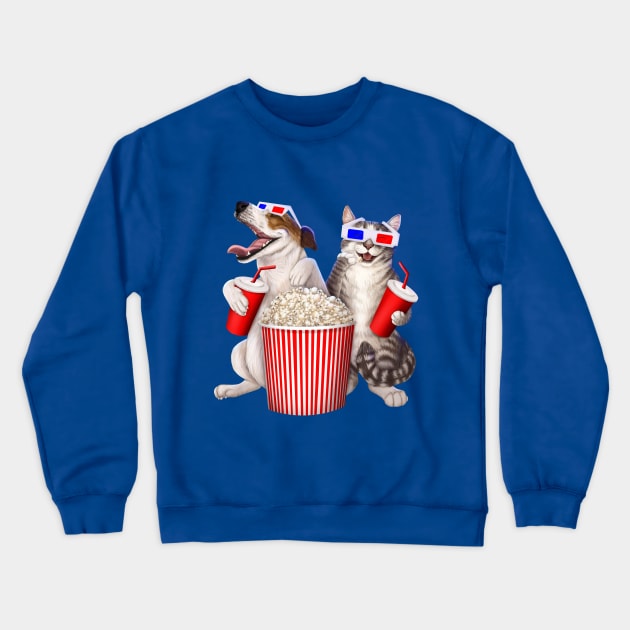 Dog and cat at the movies Crewneck Sweatshirt by Mehu Art